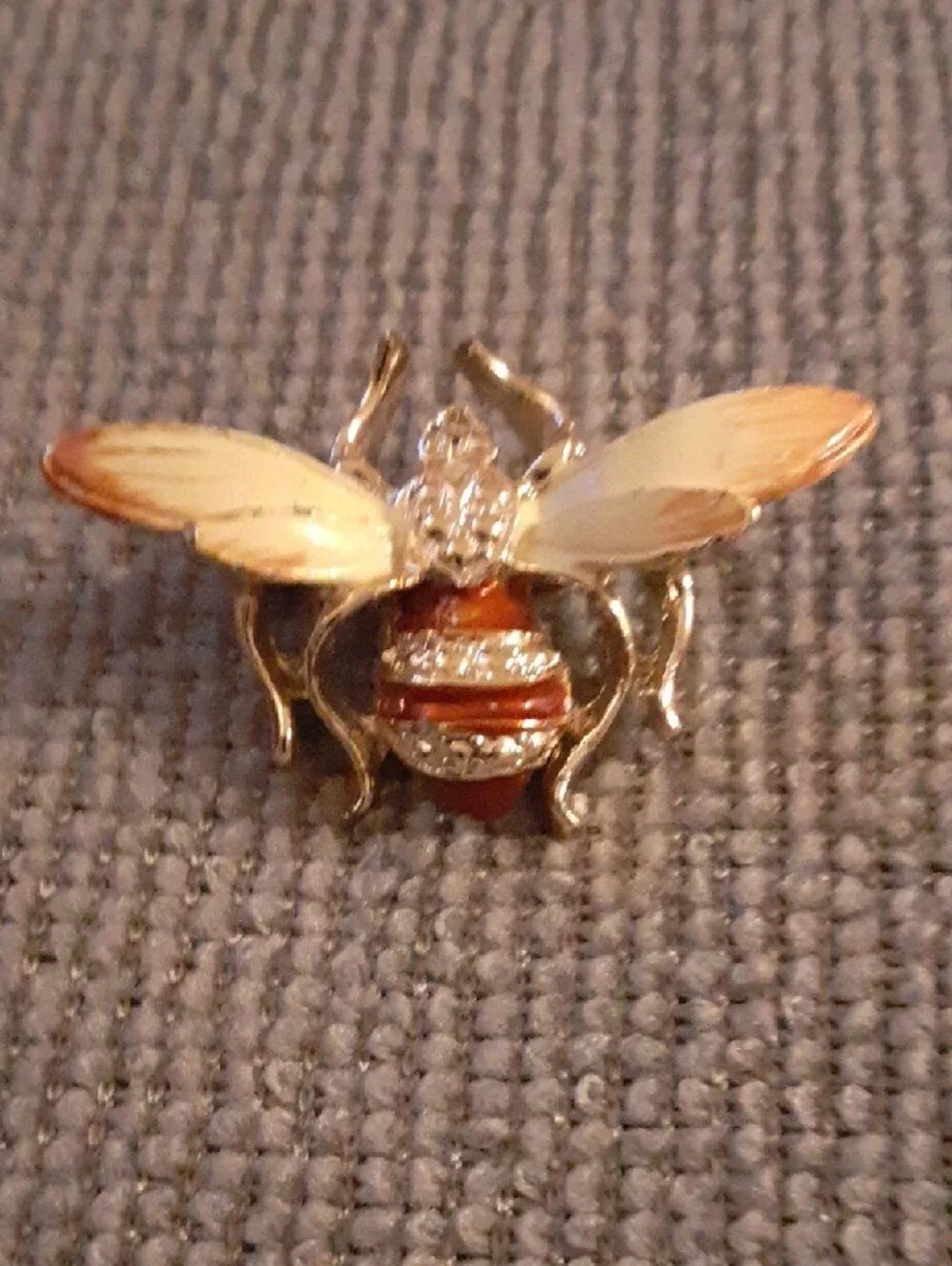 Gold Tone Bee Brooch with Enamel Wings and Red Stripes